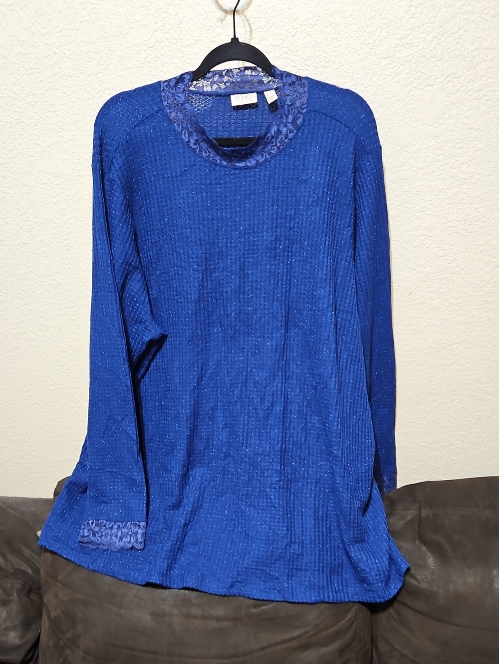 LOGO by Lori Goldstein Cobalt Blue Lace-Trim Crewneck Sweater With Pockets.